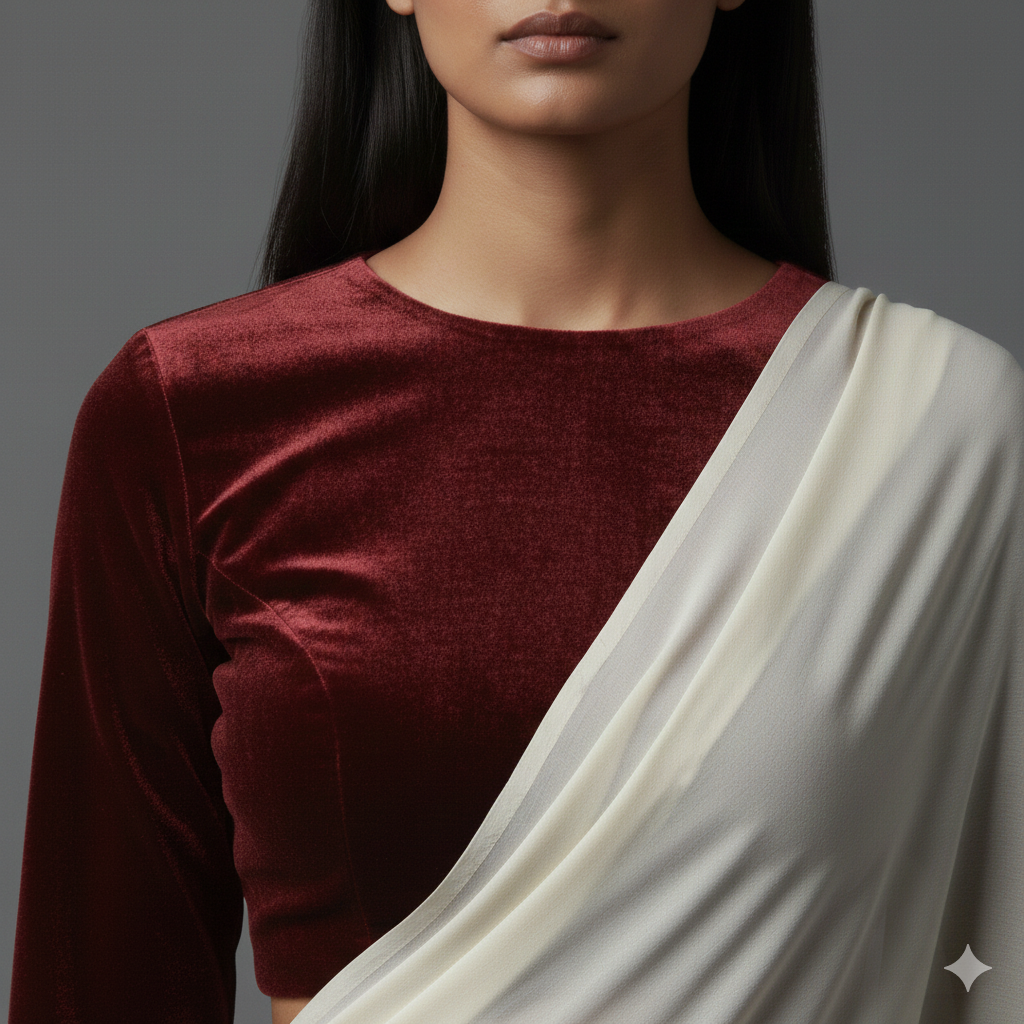Cream georgette saree styled with maroon velvet blouse for rich traditional contrast