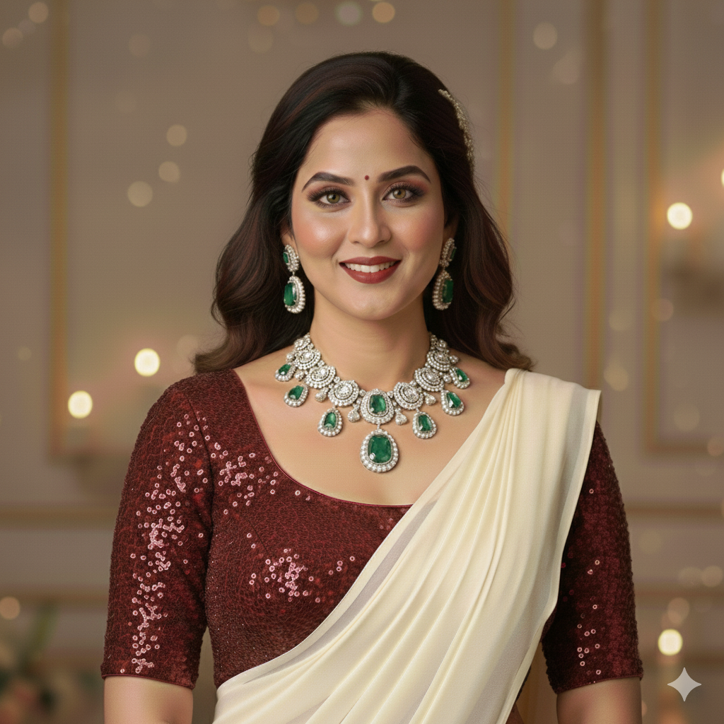 Cream georgette saree paired with maroon sparkle velvet blouse for rich festive contrast