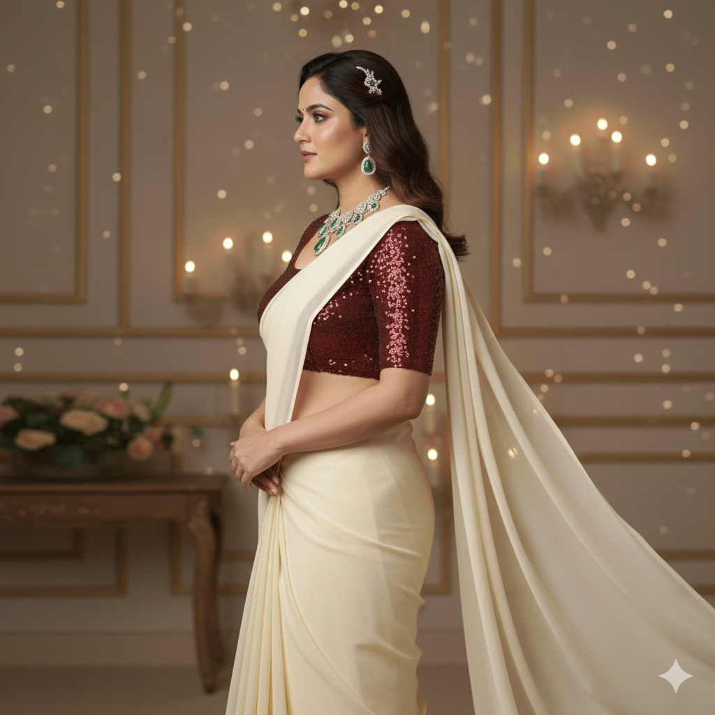 Cream georgette saree paired with maroon sparkle velvet blouse for rich festive contrast
