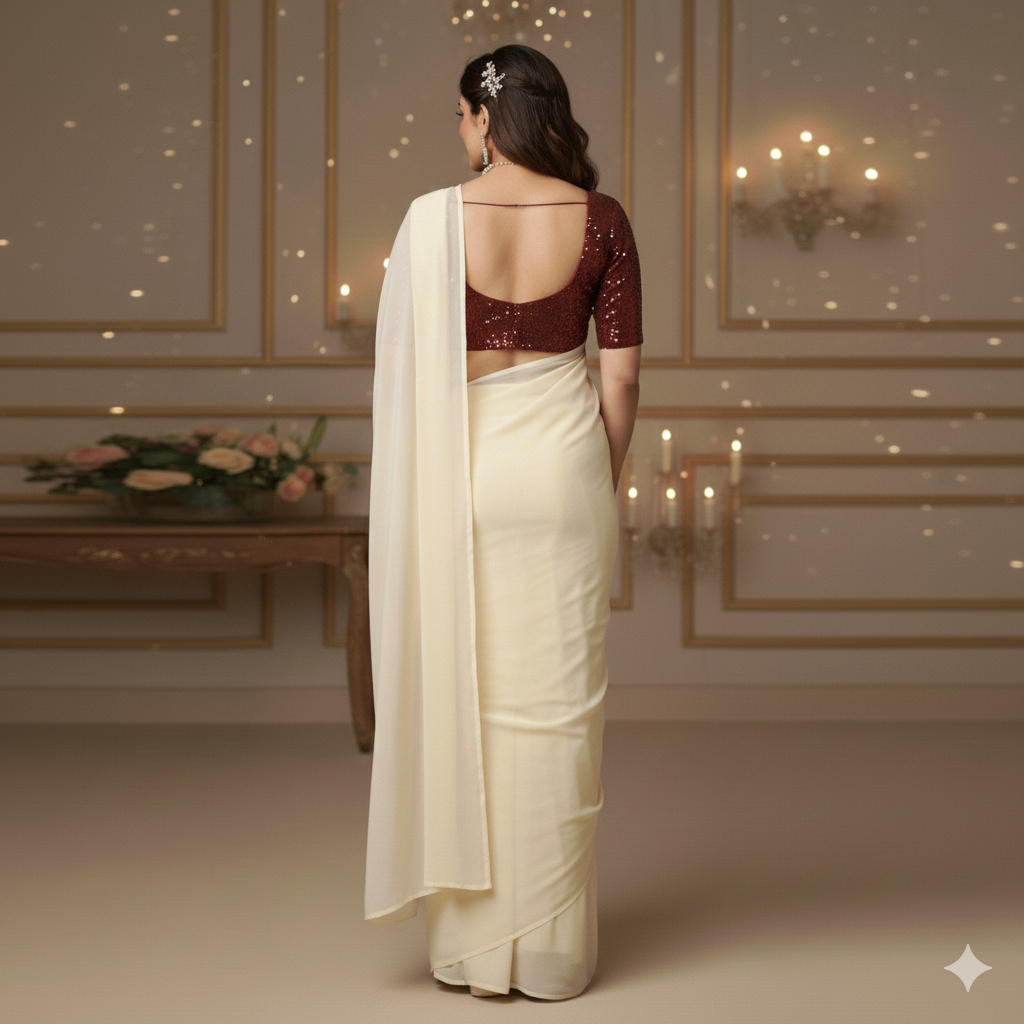 Cream georgette saree paired with maroon sparkle velvet blouse for rich festive contrast