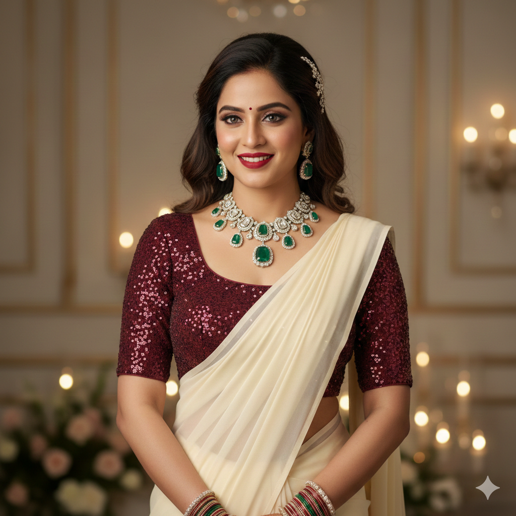 Cream georgette saree paired with maroon sparkle velvet blouse for rich festive contrast