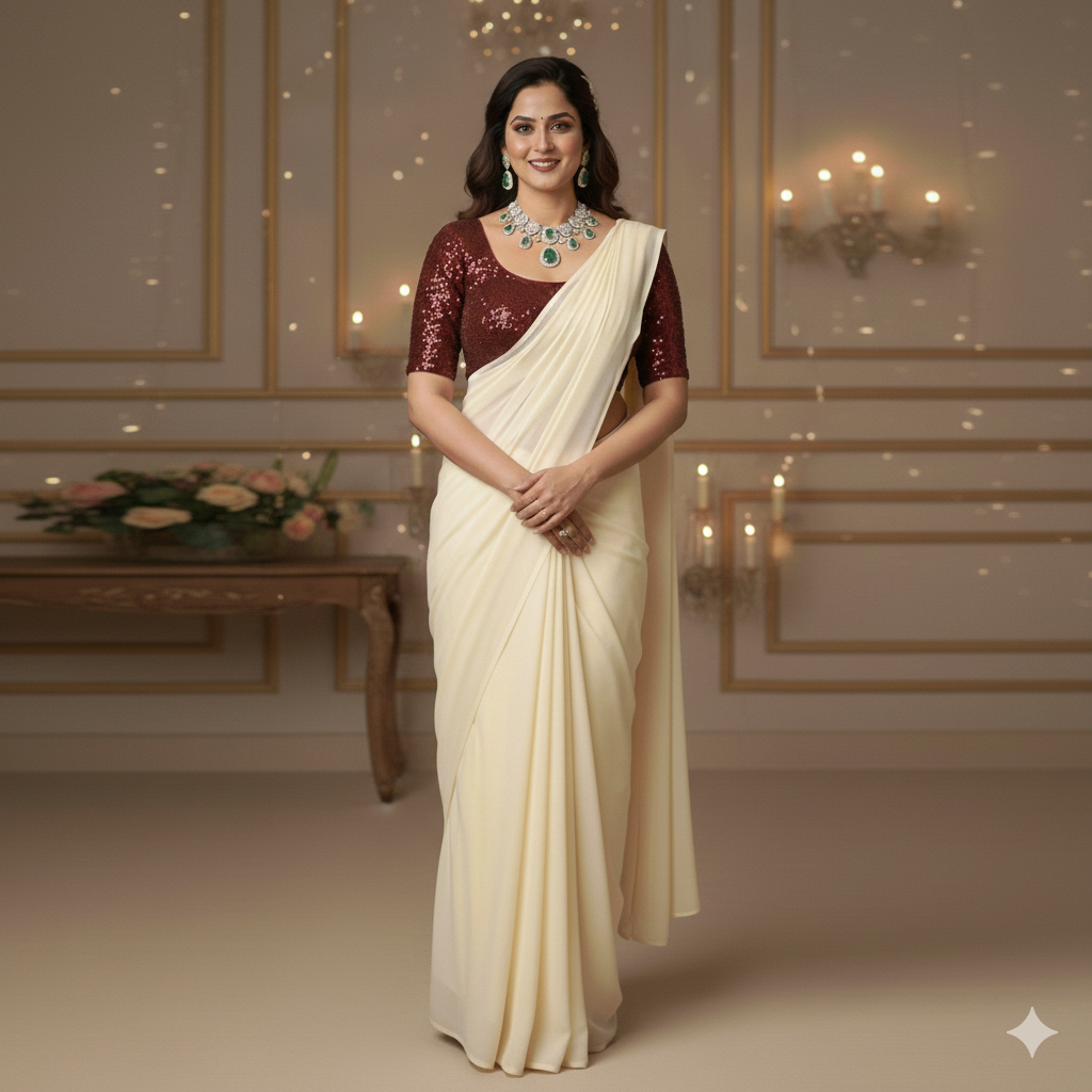 Cream georgette saree paired with maroon sparkle velvet blouse for rich festive contrast
