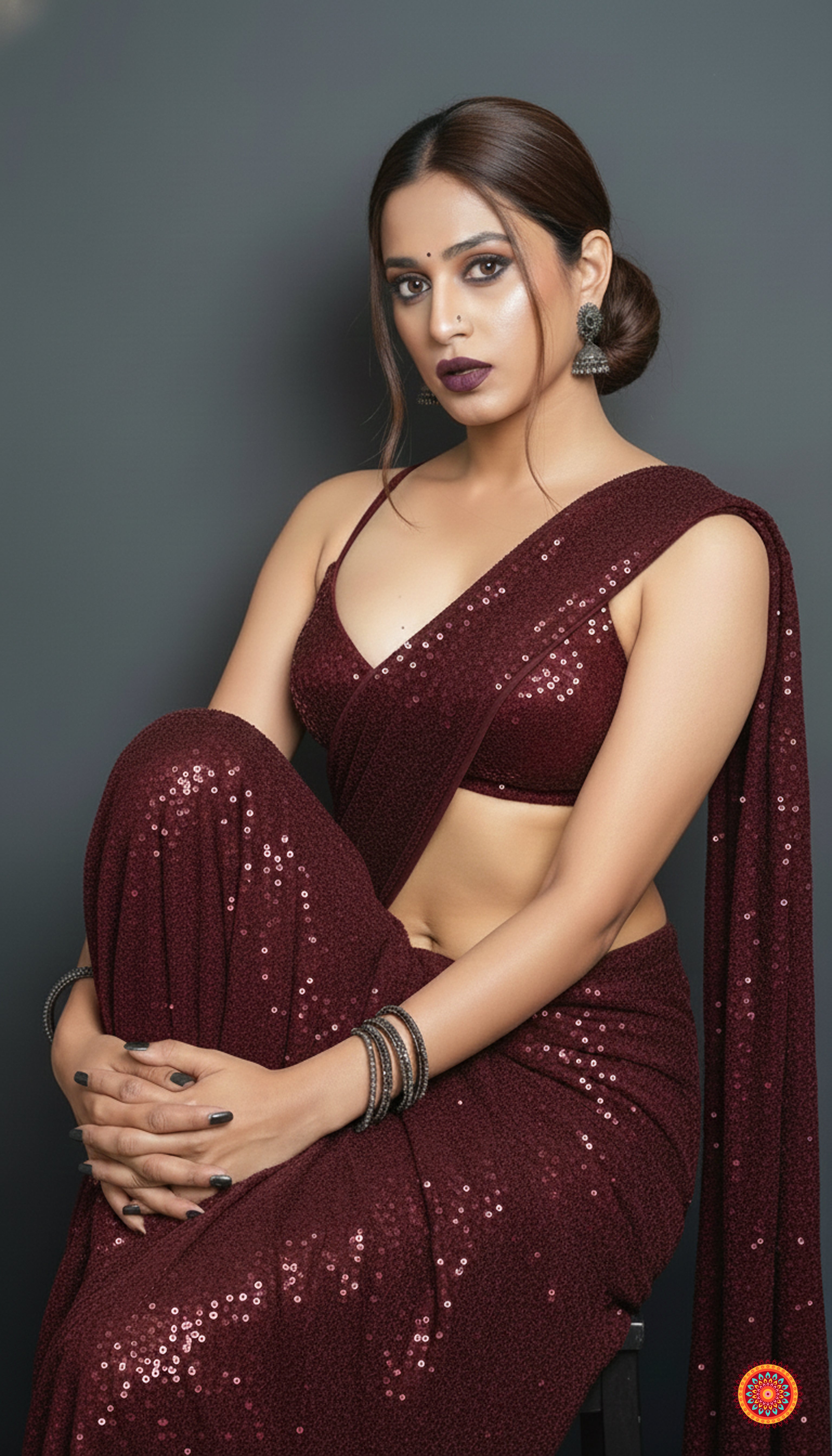 Maroon sparkle georgette saree paired with maroon sparkle velvet blouse for rich festive look