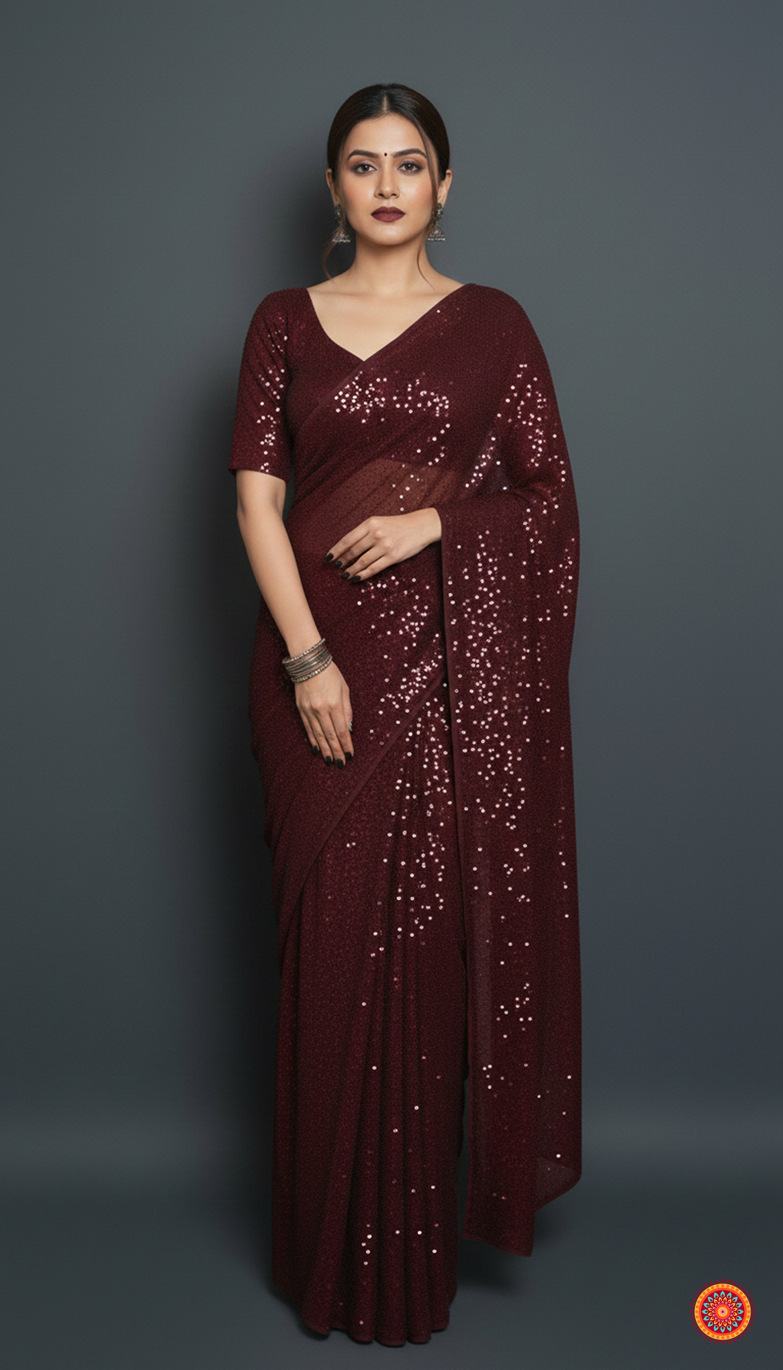 Maroon sparkle georgette saree paired with maroon sparkle velvet blouse for rich festive look