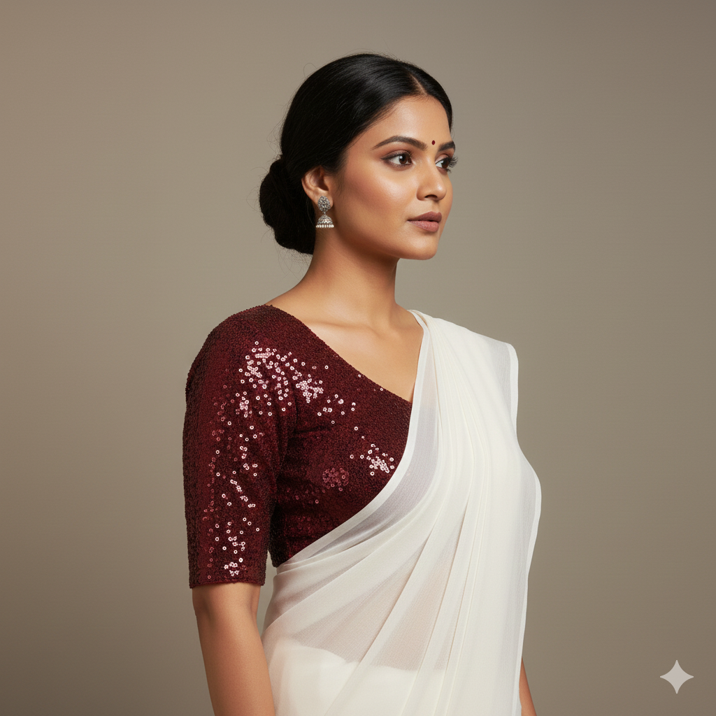 White georgette saree paired with maroon sparkle velvet blouse for elegant festive contrast