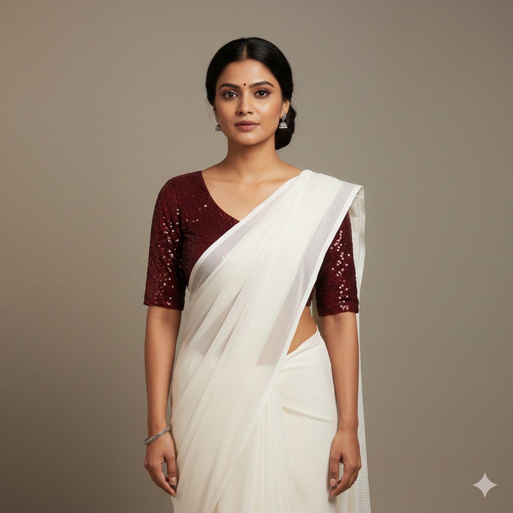 White georgette saree paired with maroon sparkle velvet blouse for elegant festive contrast