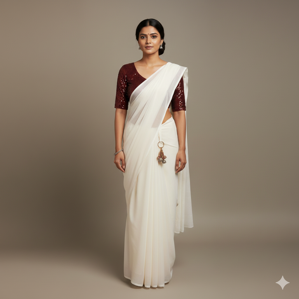 White georgette saree paired with maroon sparkle velvet blouse for elegant festive contrast