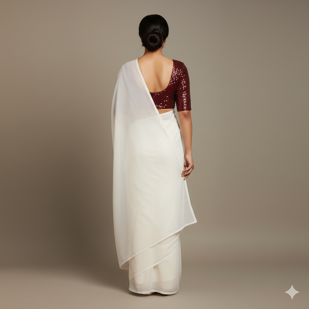 White georgette saree paired with maroon sparkle velvet blouse for elegant festive contrast
