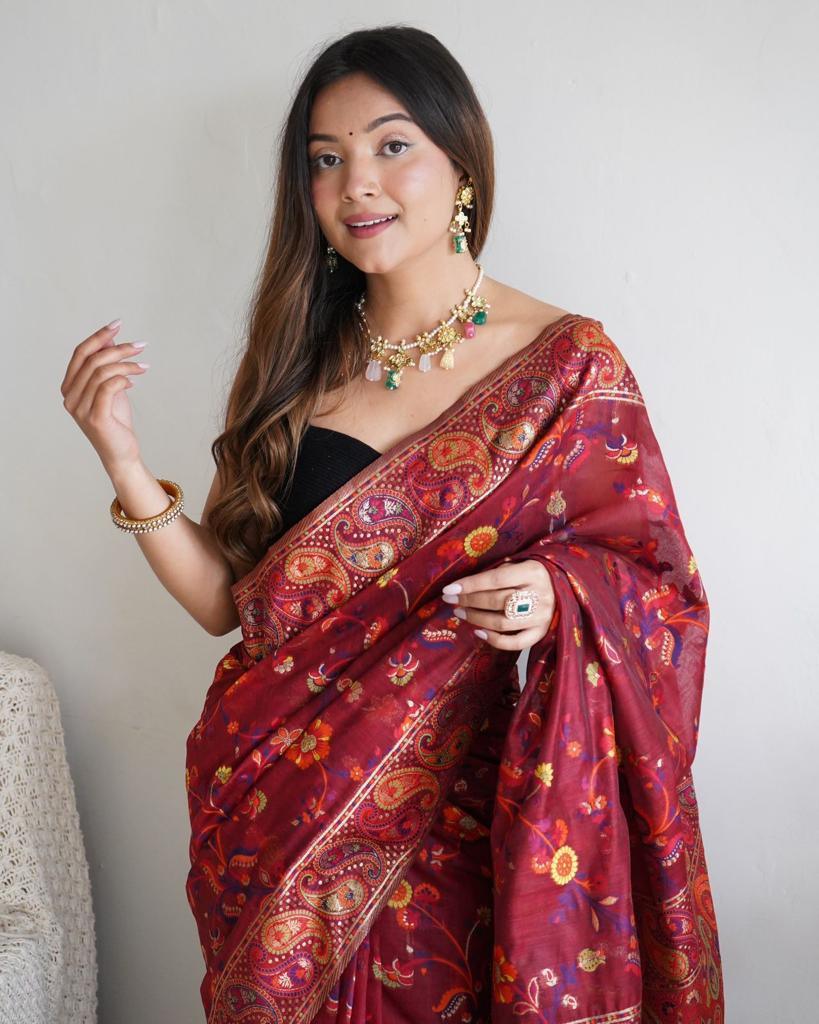 WeaveSaree Kashmiri Pashmina Kachi Work Silk Saree with Multi-Color Thread & Pure Zari – 5.5 Meters