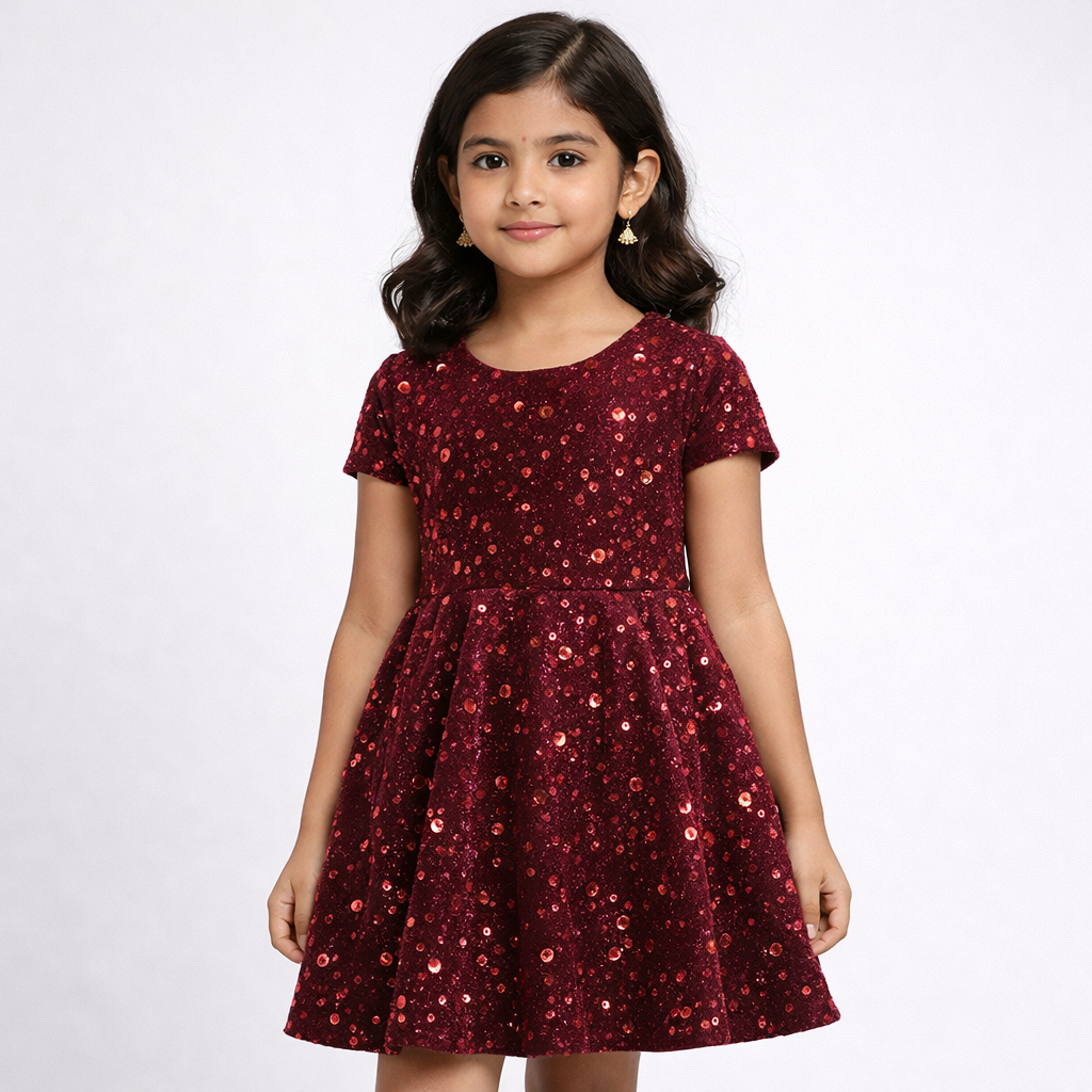 Maroon Sequin Velvet Fabric – Premium Party Wear Finish | 1 Meter