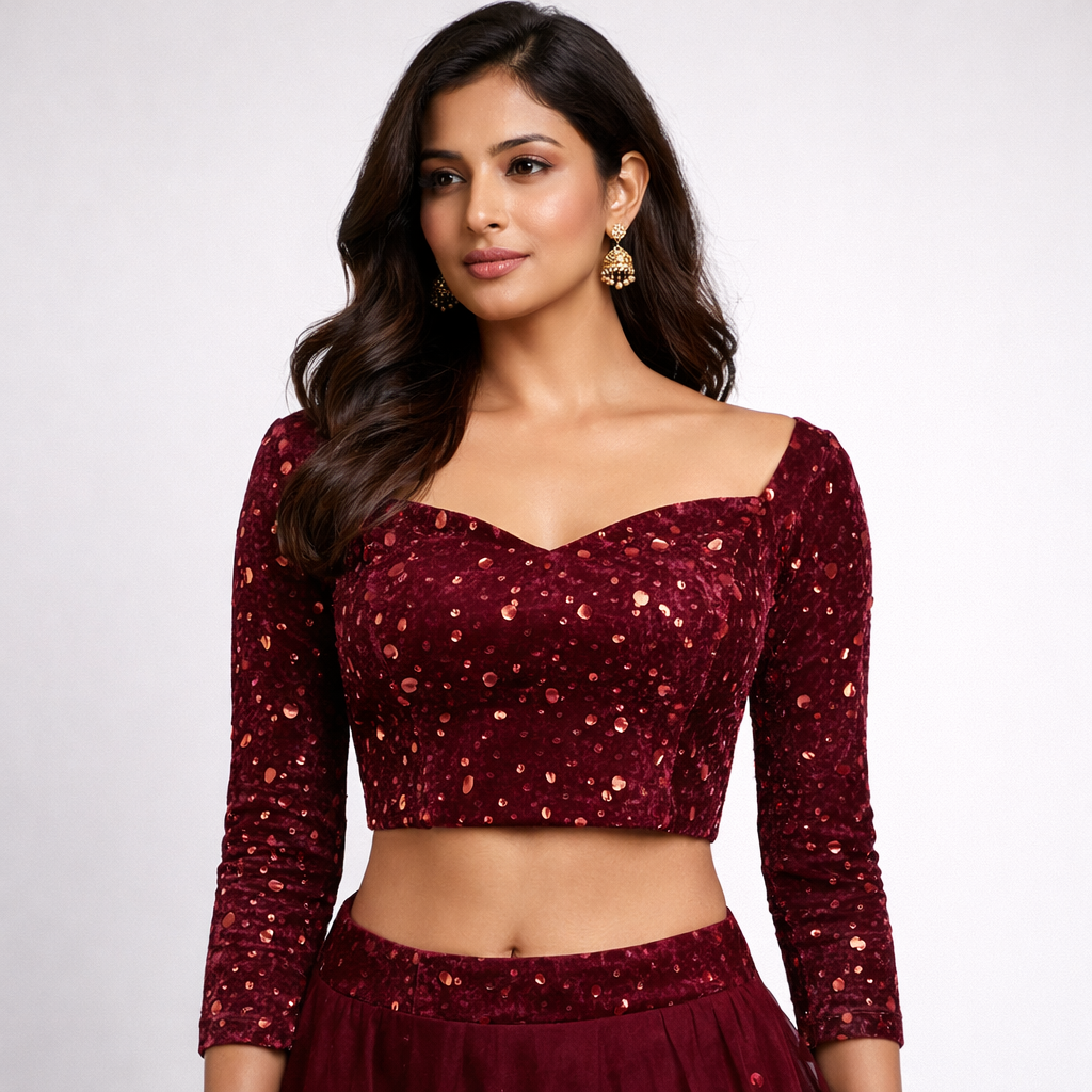 Maroon Sequin Velvet Fabric – Premium Party Wear Finish | 1 Meter