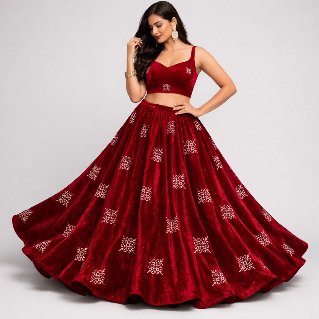 Maroon Kite Embroidery Velvet Fabric – Designer Work | 1 Meter