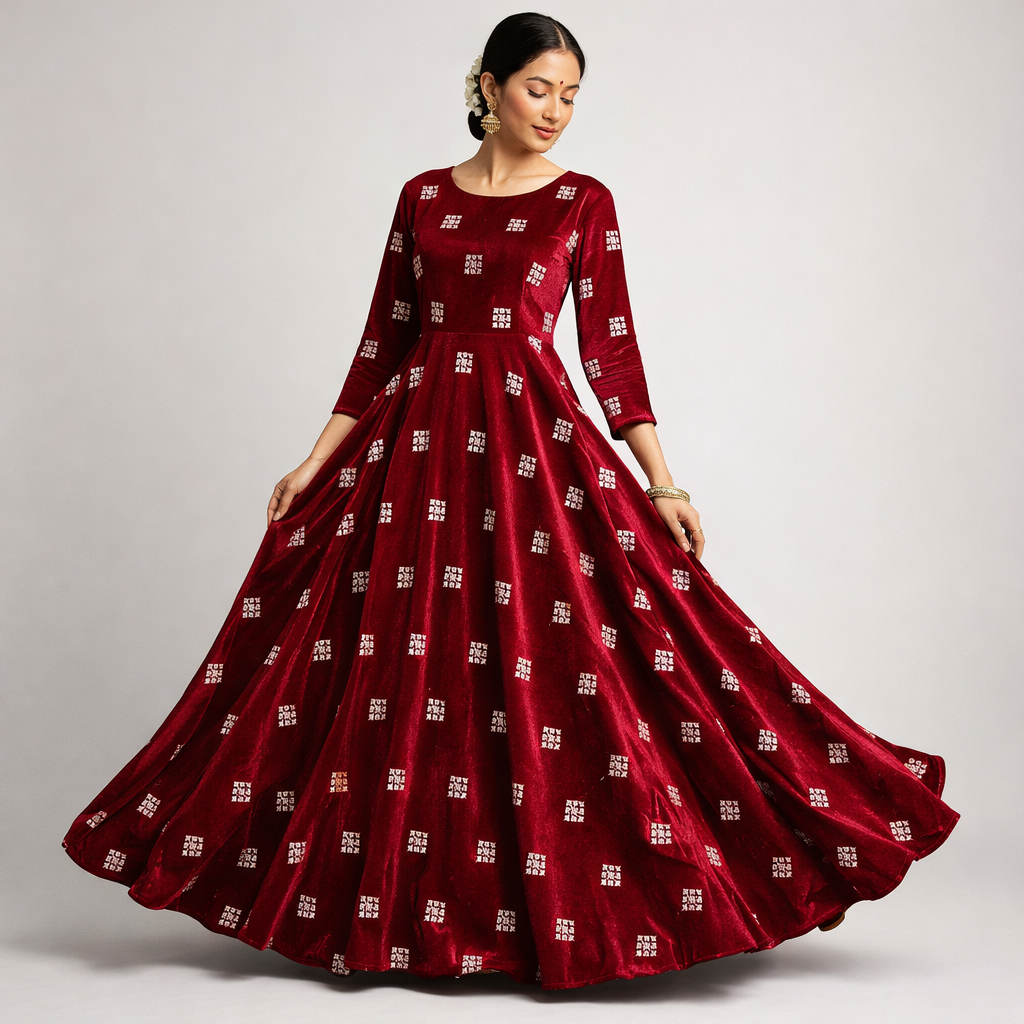 Maroon Square Embroidery Velvet Fabric – Designer Work | 1 Meter