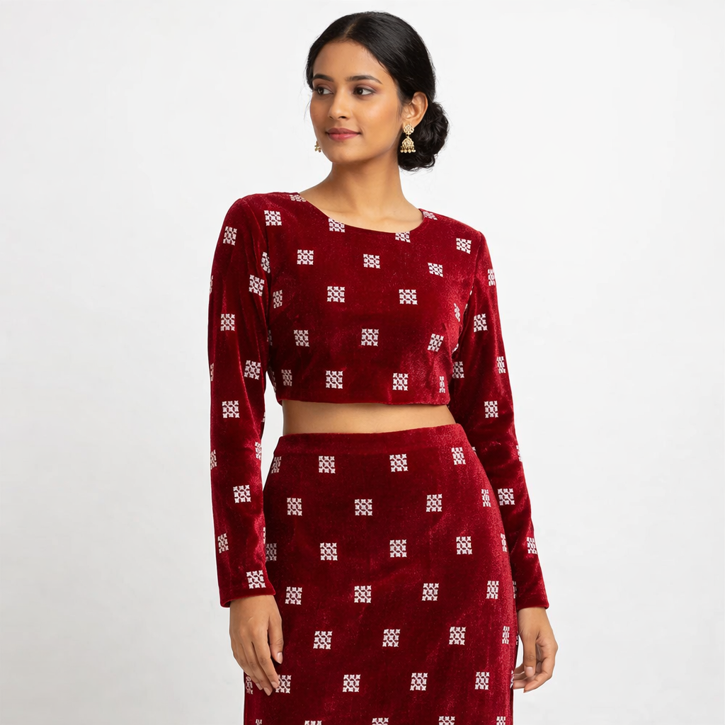 Maroon Square Embroidery Velvet Fabric – Designer Work | 1 Meter