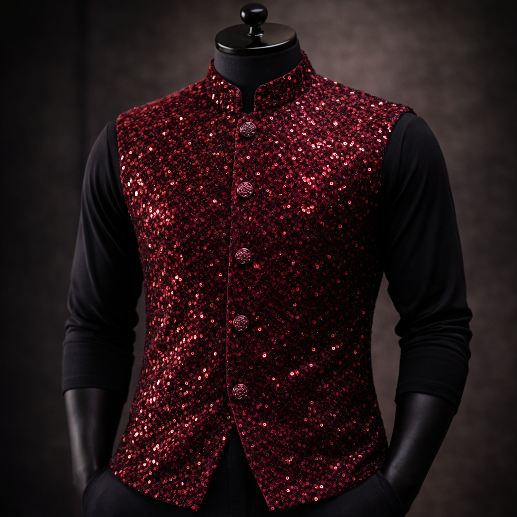 Maroon Sequin Velvet Fabric – Premium Party Wear Finish | 1 Meter