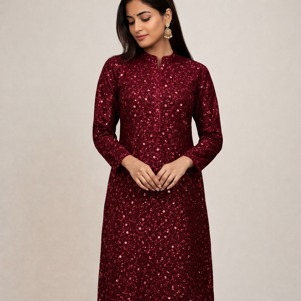 Maroon Sequin Velvet Fabric – Premium Party Wear Finish | 1 Meter