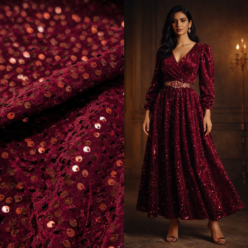 Maroon Sequin Velvet Fabric – Premium Party Wear Finish | 1 Meter