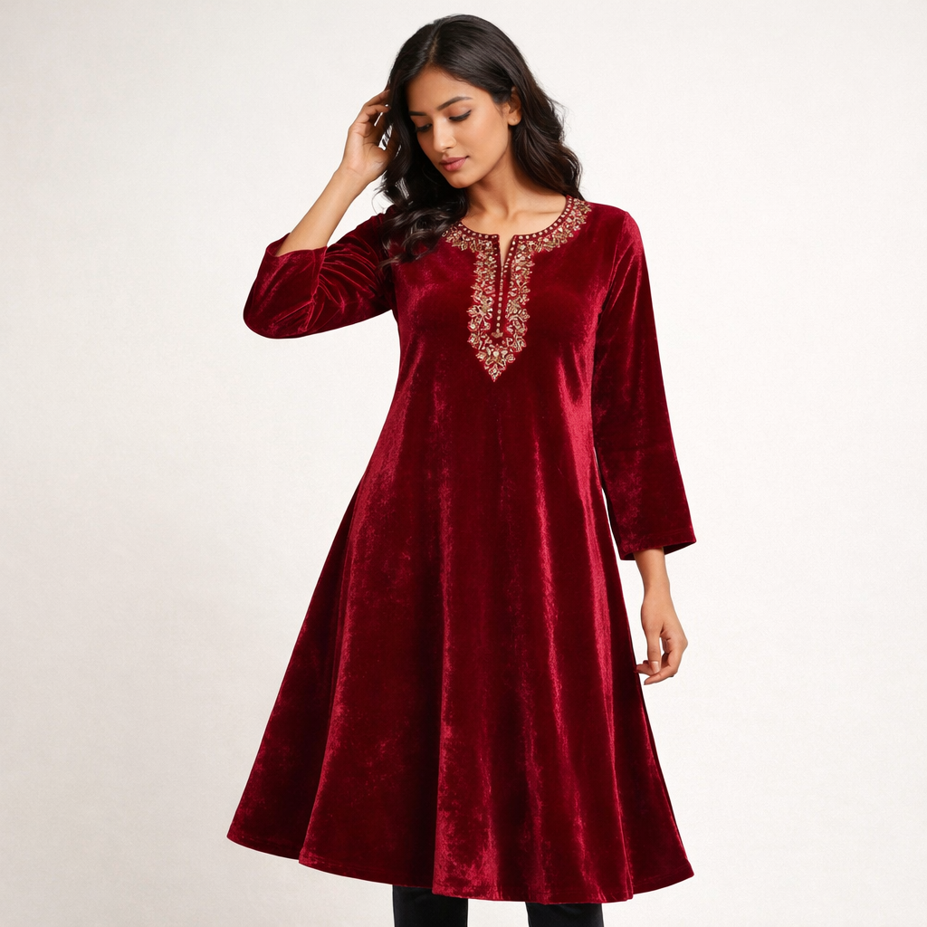 Solid Velvet Fabric for Blouse – Plain Unstitched Velvet Cloth – Maroon – 1 Meter