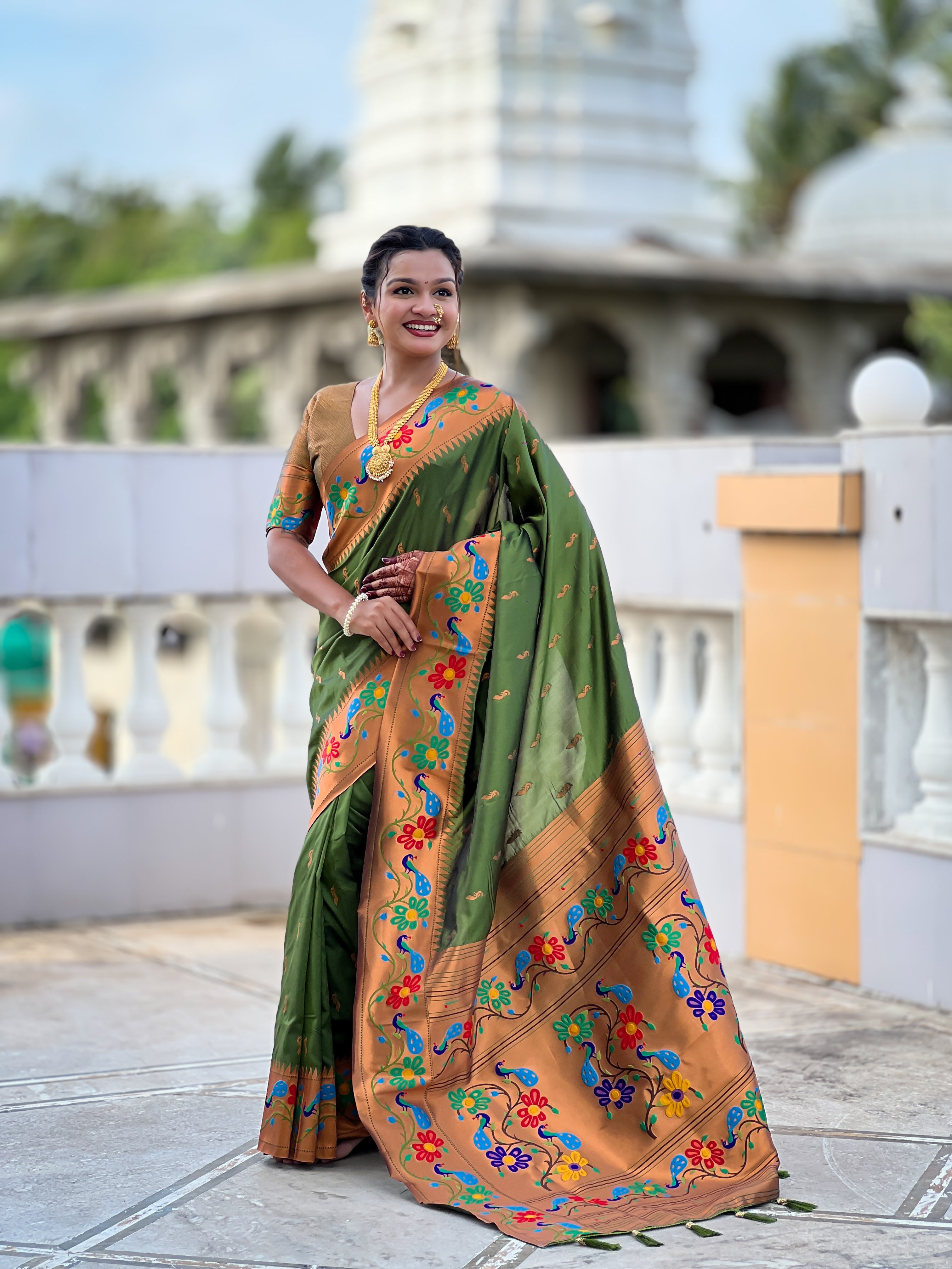 Soft Paithani silk saree with zari weaving and Meenakari motifs and rich woven pallu by Weave