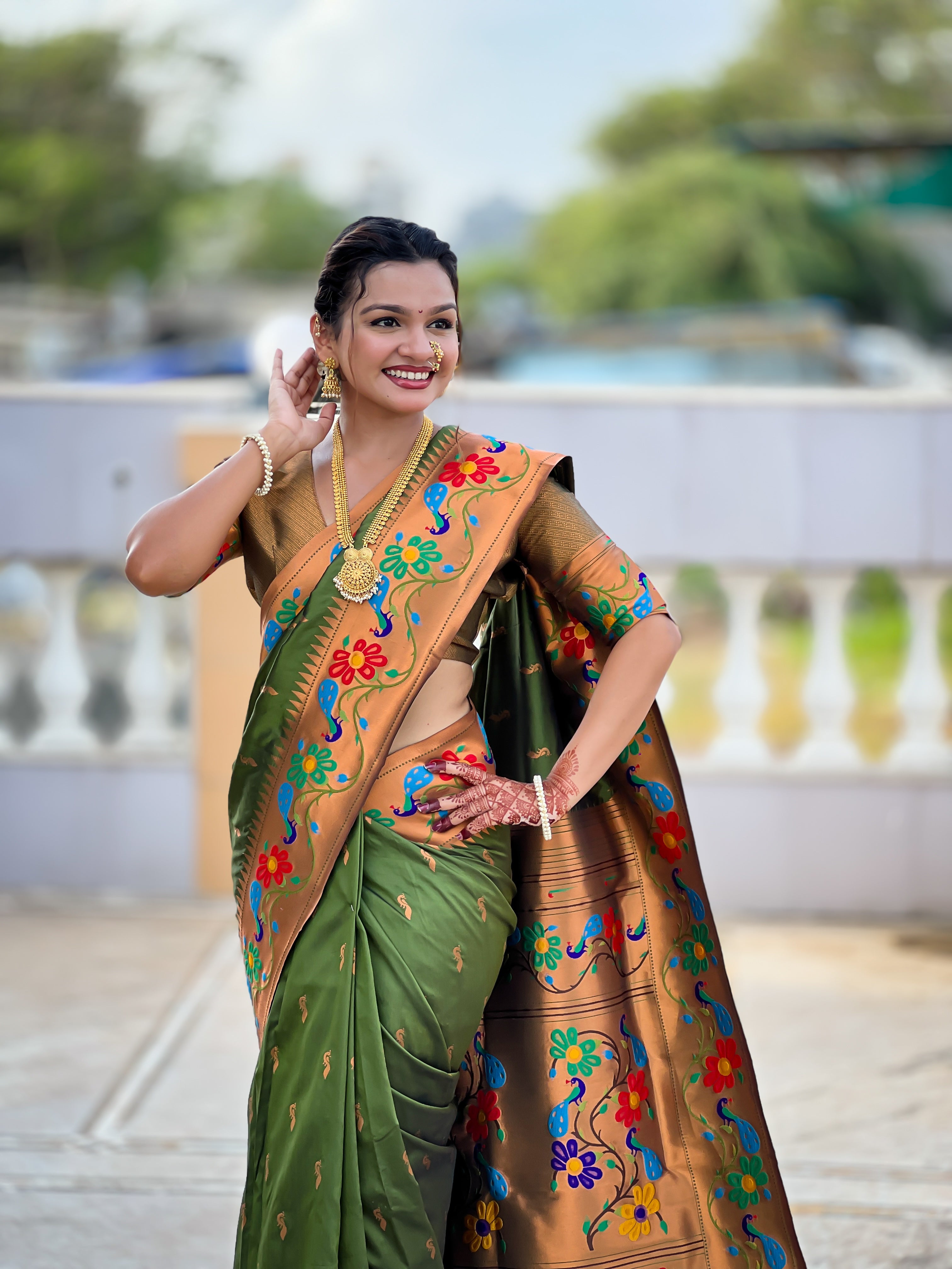 Soft Paithani silk saree with zari weaving and Meenakari motifs and rich woven pallu by Weave