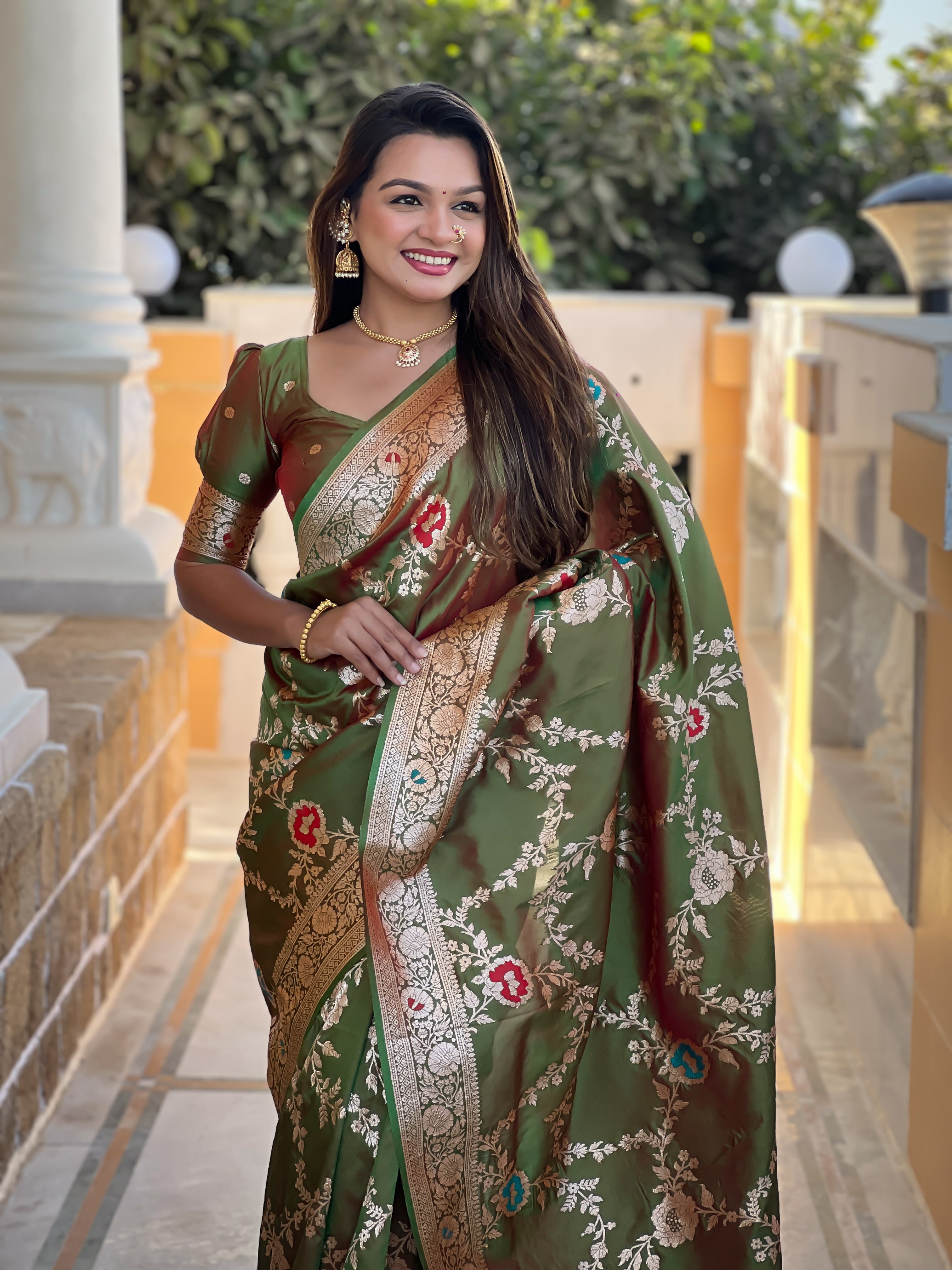 soft banarasi silk saree with meenakari weaving and zari work