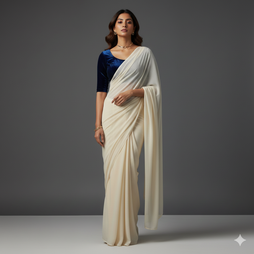 Cream georgette saree paired with midnight blue velvet blouse for elegant evening contrast