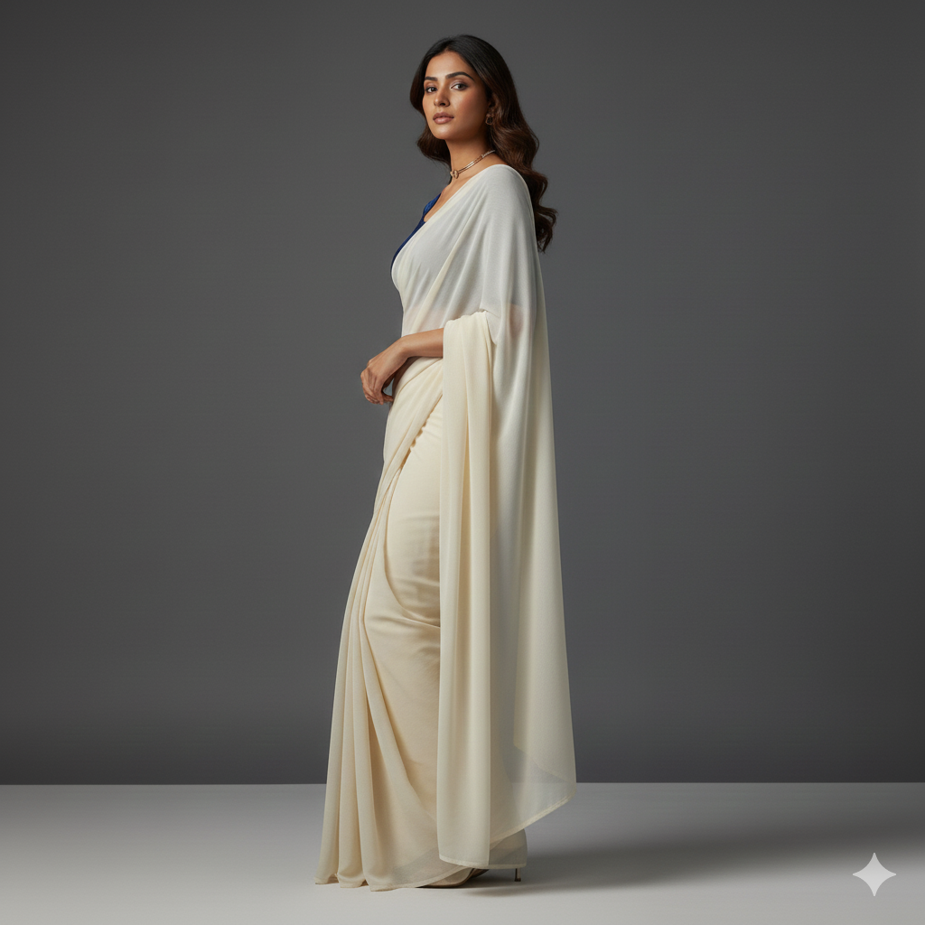 Cream georgette saree paired with midnight blue velvet blouse for elegant evening contrast