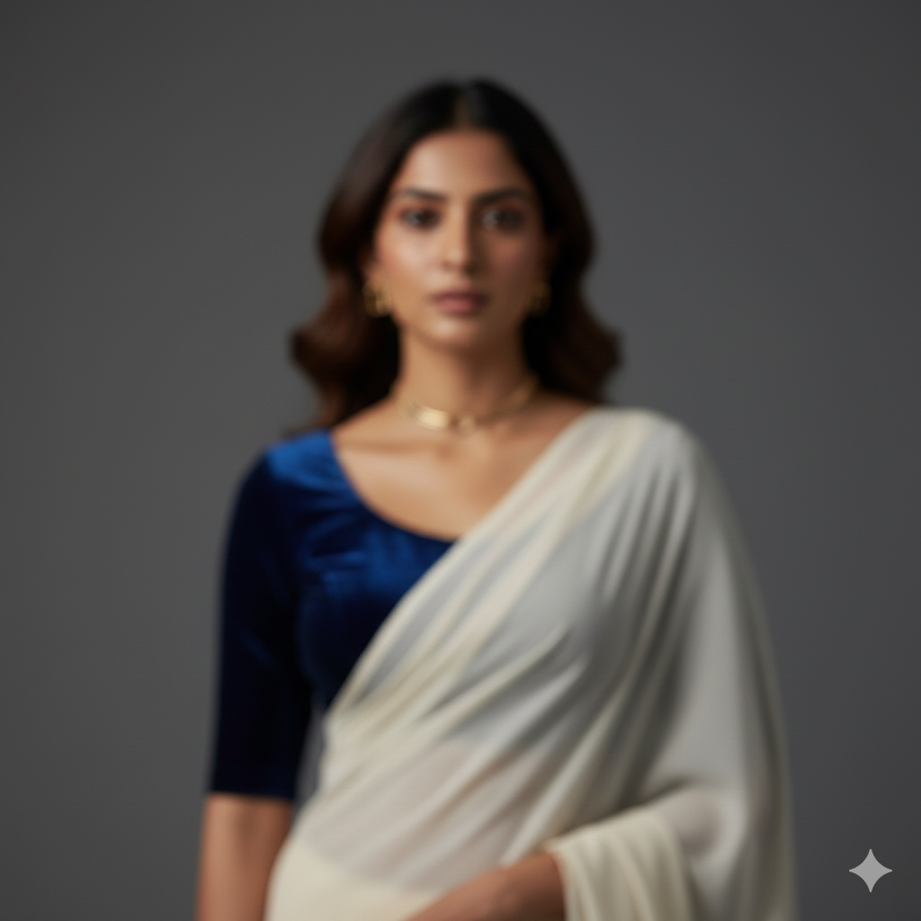 Cream georgette saree paired with midnight blue velvet blouse for elegant evening contrast
