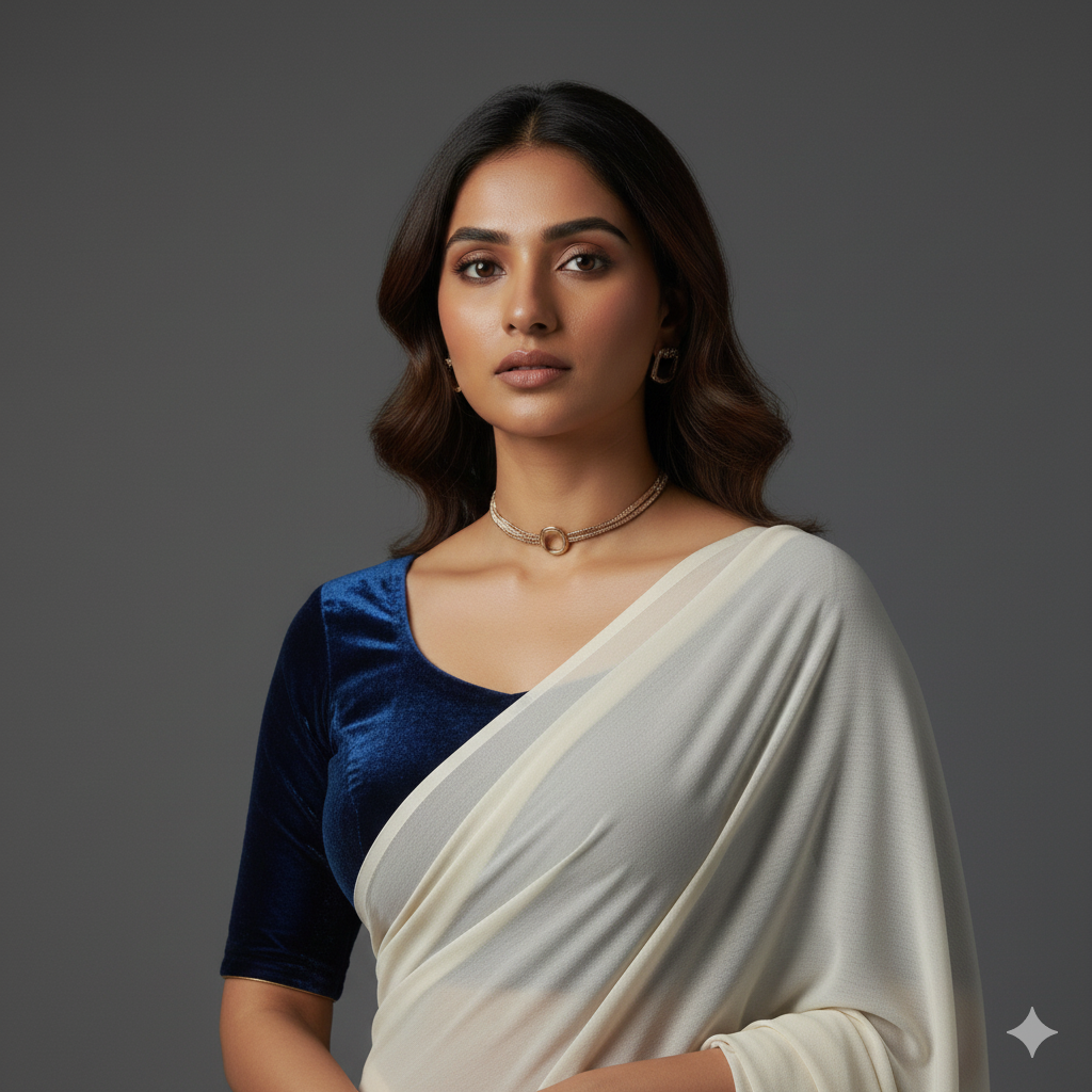 Cream georgette saree paired with midnight blue velvet blouse for elegant evening contrast