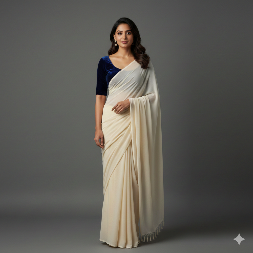 Cream georgette saree paired with midnight blue velvet blouse for elegant evening contrast