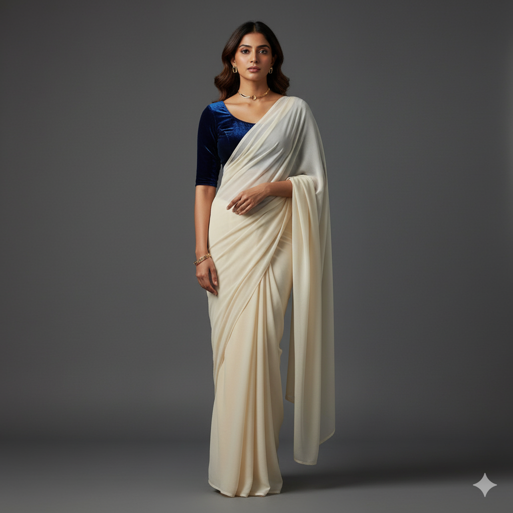 Cream georgette saree paired with midnight blue velvet blouse for elegant evening contrast