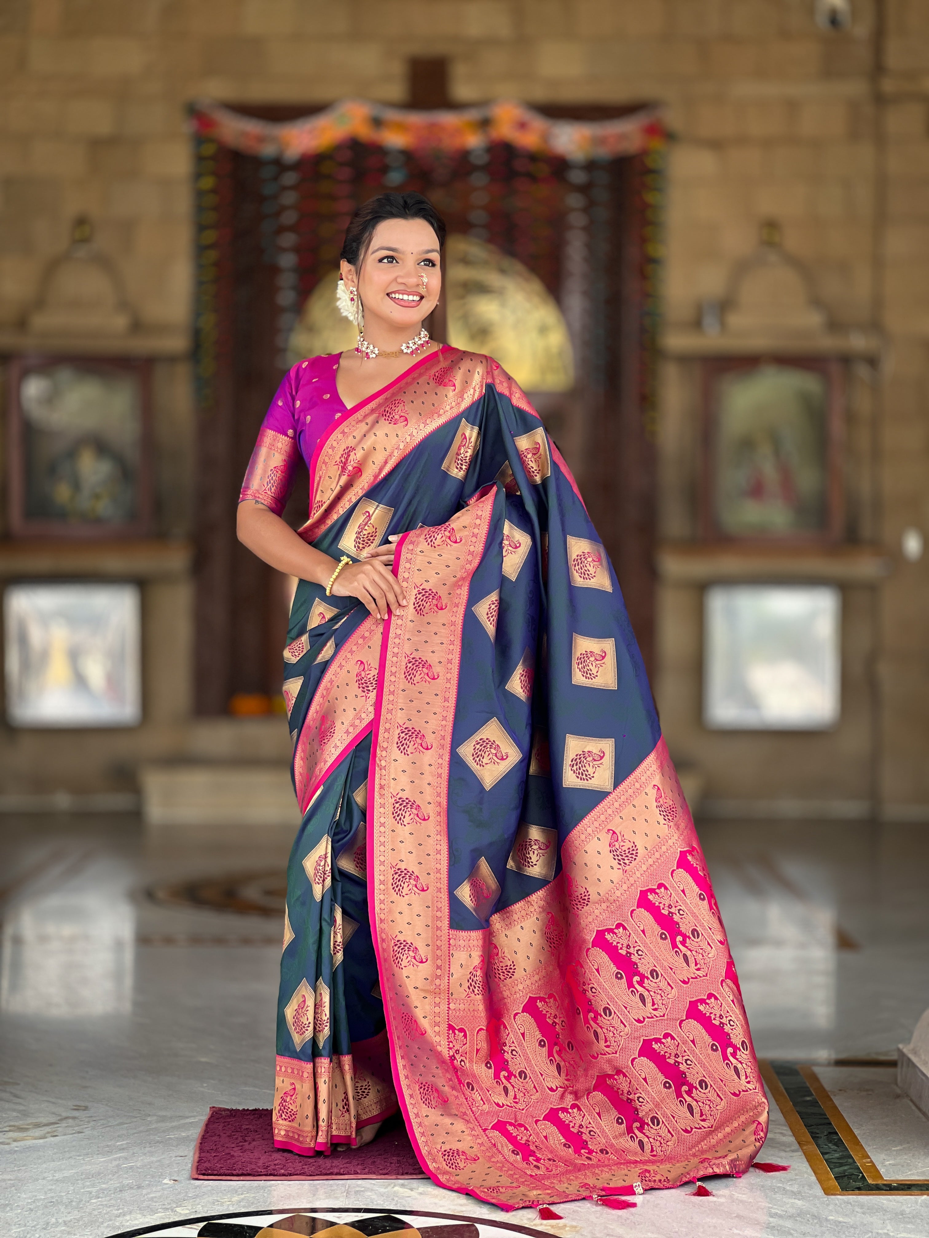Soft Banarasi silk saree with zari weaving and Meenakari design and contrast woven pallu by Weave