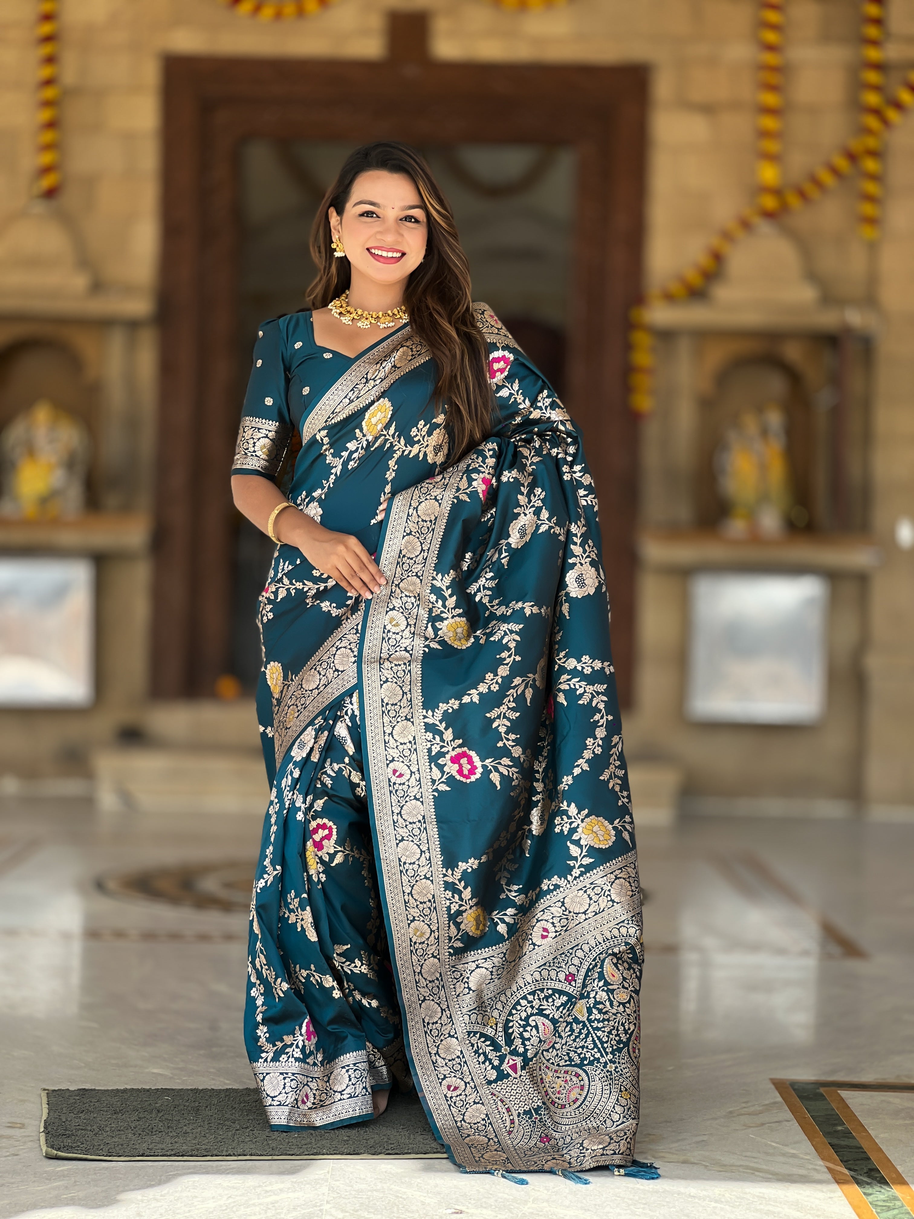 soft banarasi silk saree with meenakari weaving and zari work