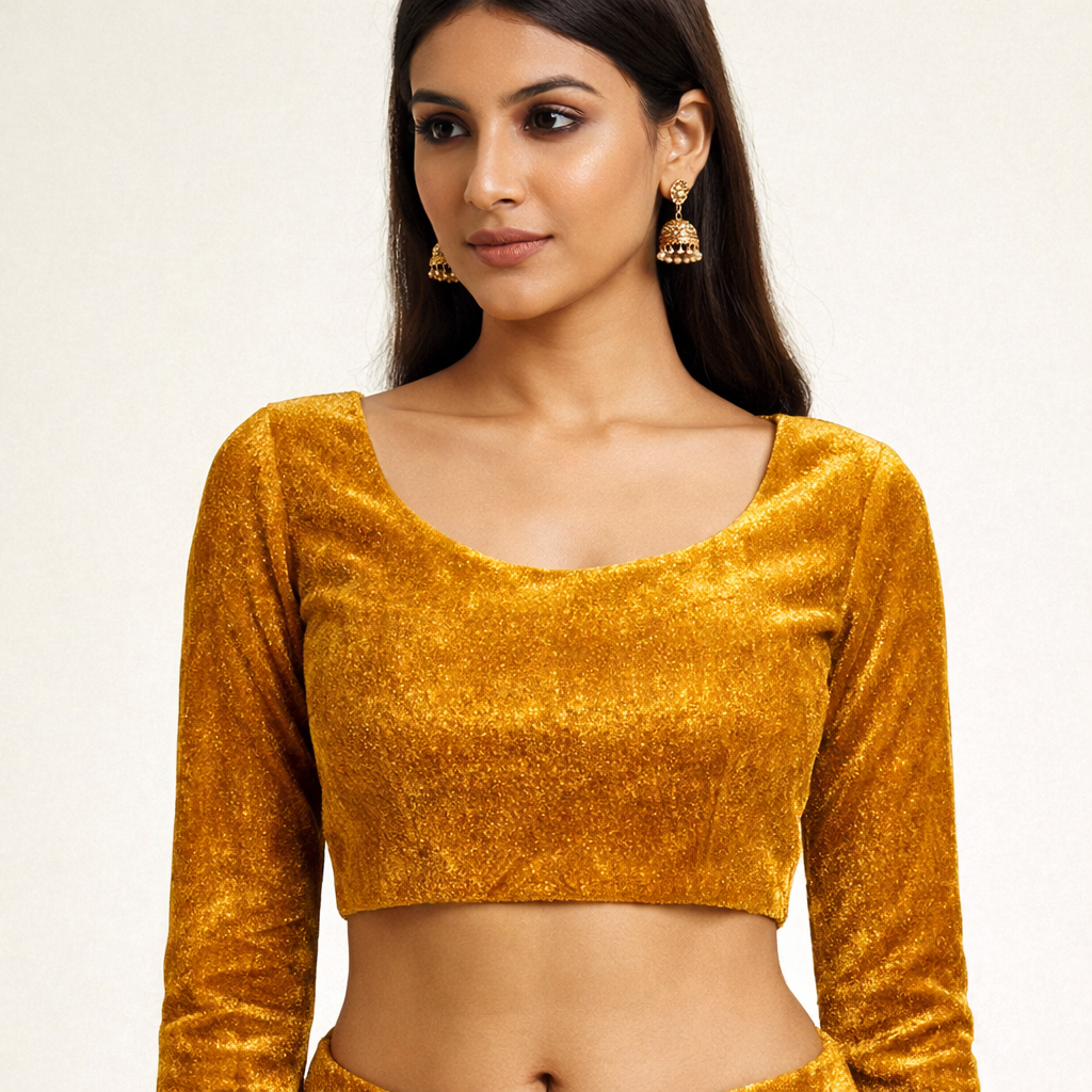 Solid Velvet Fabric for Blouse – Plain Unstitched Velvet Cloth – Mustard – 1 Meter