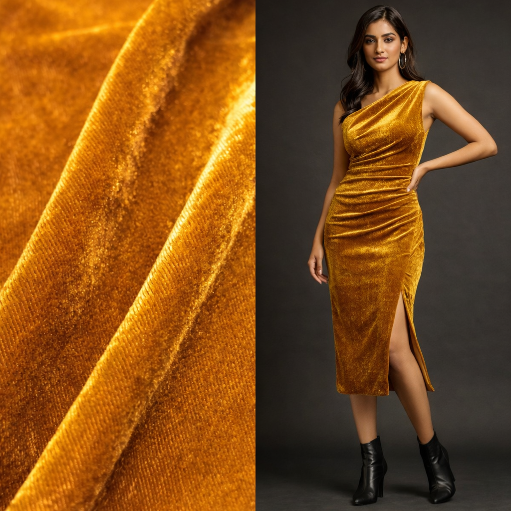 Solid Velvet Fabric for Blouse – Plain Unstitched Velvet Cloth – Mustard – 1 Meter