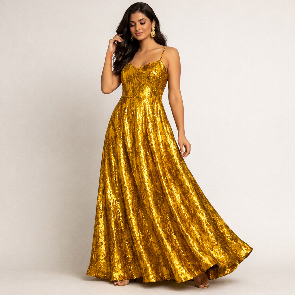 Woman wearing a gold sequin dress against a plain background
