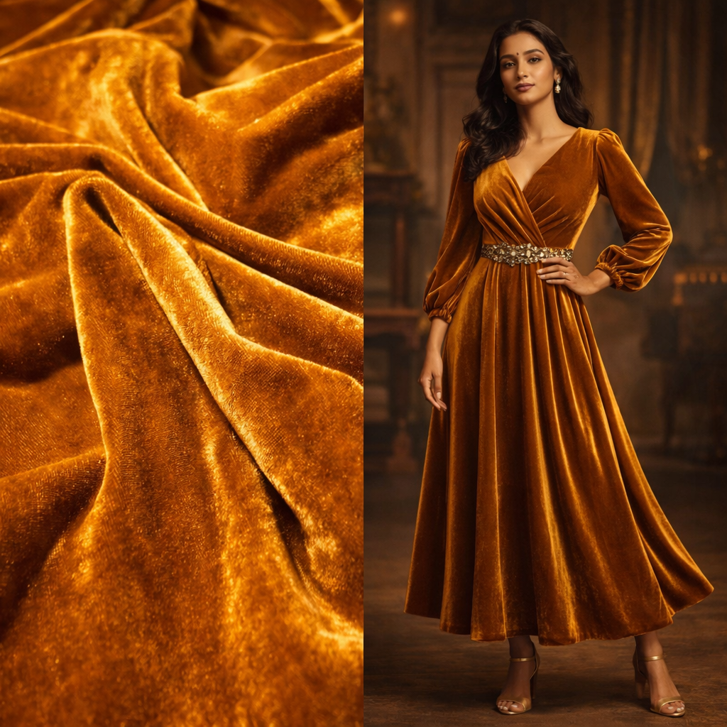 Solid Velvet Fabric for Blouse – Plain Unstitched Velvet Cloth – Mustard – 1 Meter