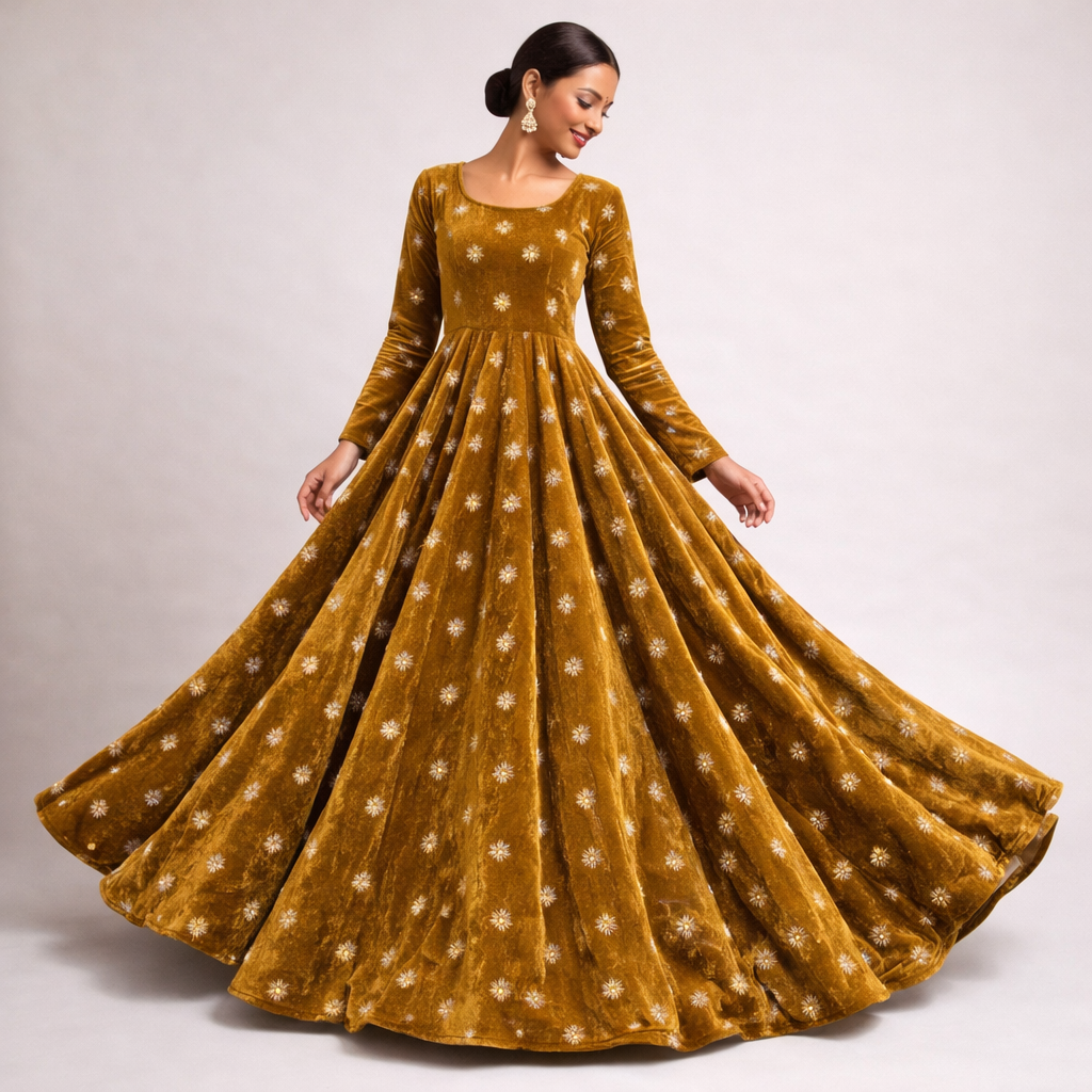 Mustard Star Embroidery Fabric – Designer Embroidered Fabric for Lehenga, Blouse & Kurti – 44 Inch Width – 1 Meter