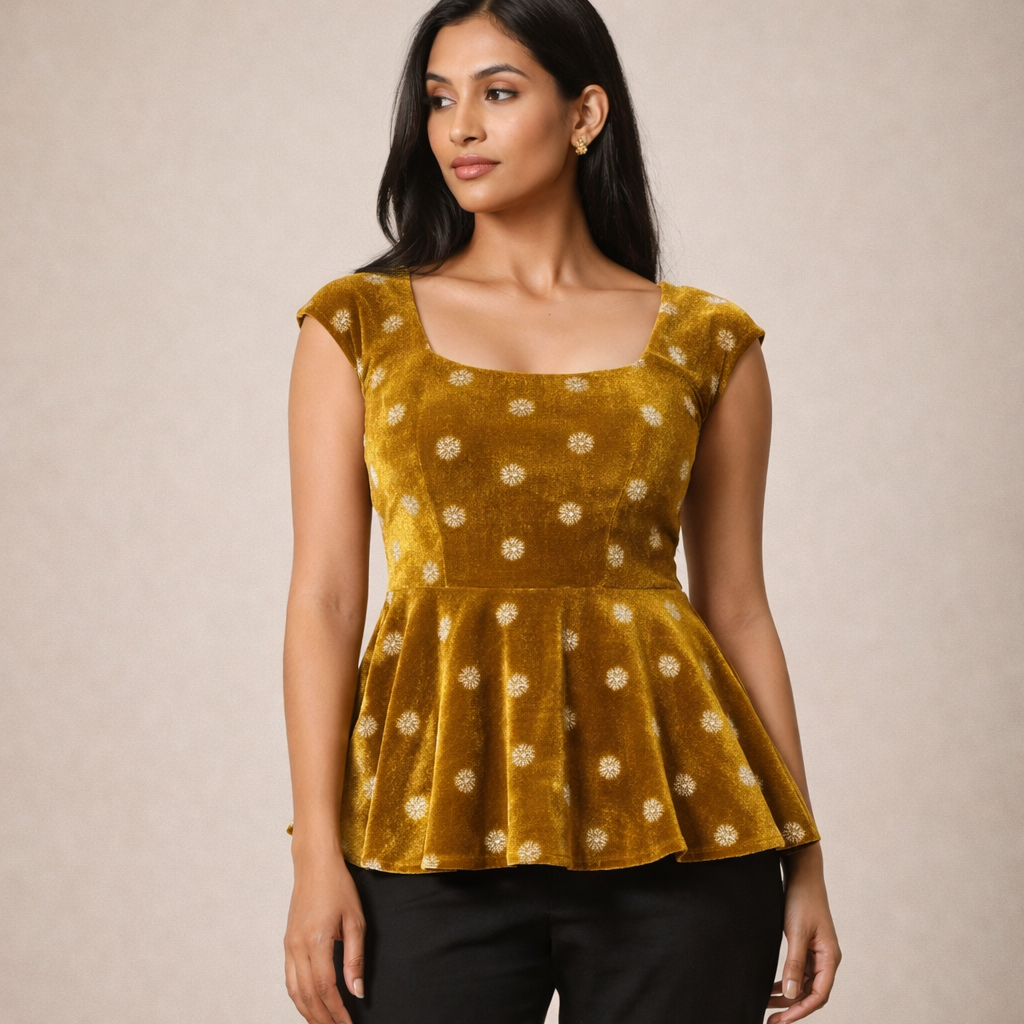 Mustard Star Embroidery Fabric – Designer Embroidered Fabric for Lehenga, Blouse & Kurti – 44 Inch Width – 1 Meter