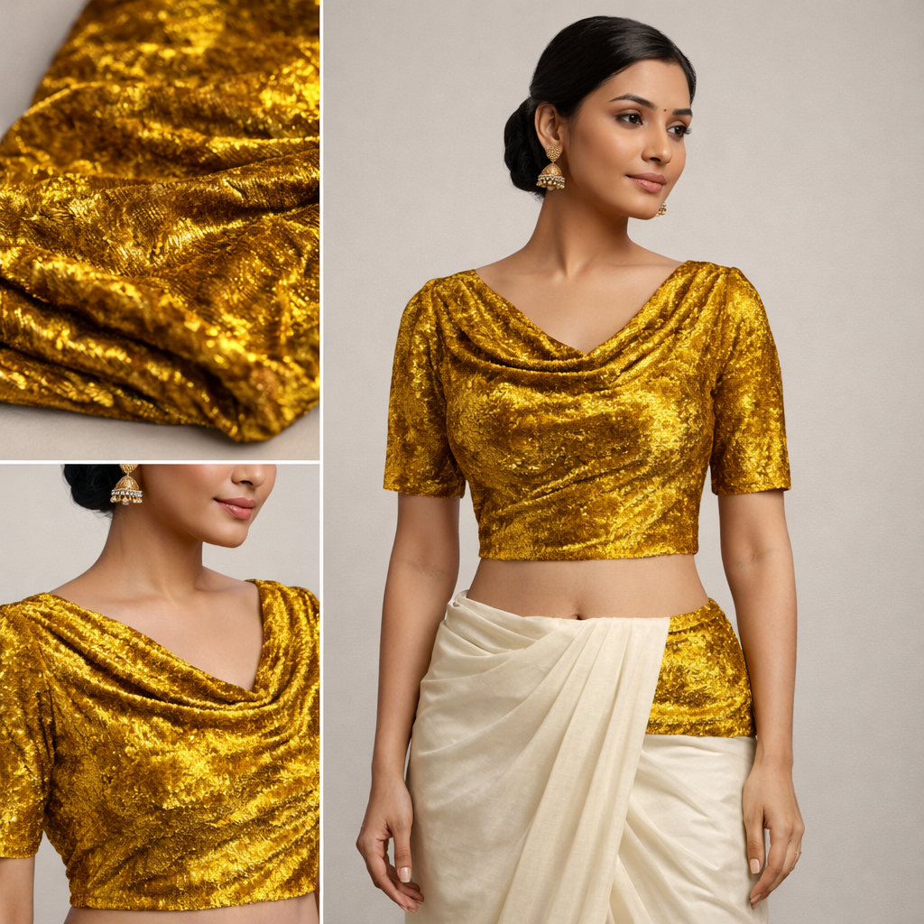 Woman wearing a gold blouse with a close-up of the fabric texture.