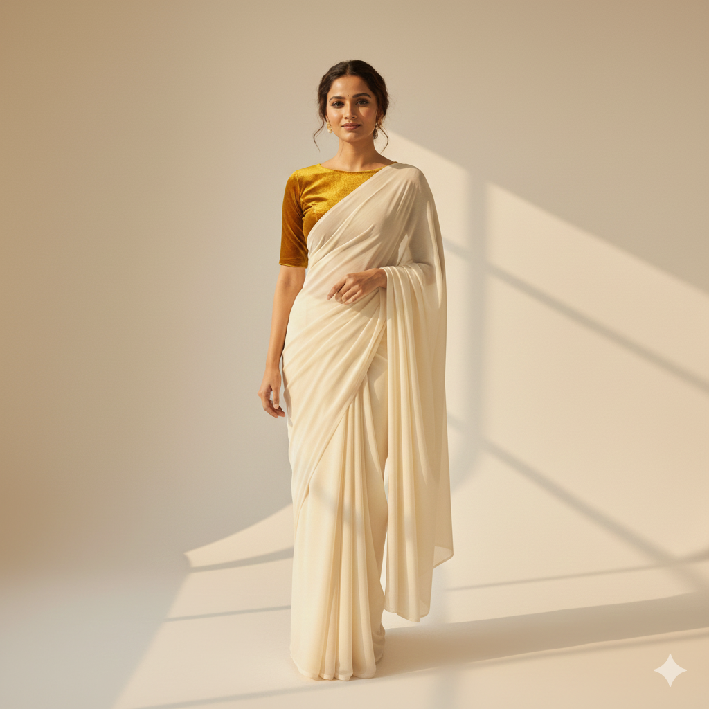 Cream georgette saree styled with mustard velvet blouse for warm festive contrast
