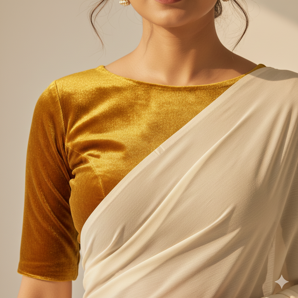 Cream georgette saree styled with mustard velvet blouse for warm festive contrast