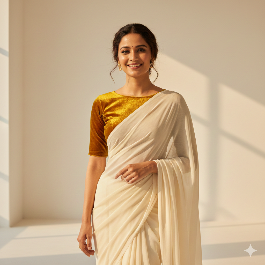 Cream georgette saree styled with mustard velvet blouse for warm festive contrast