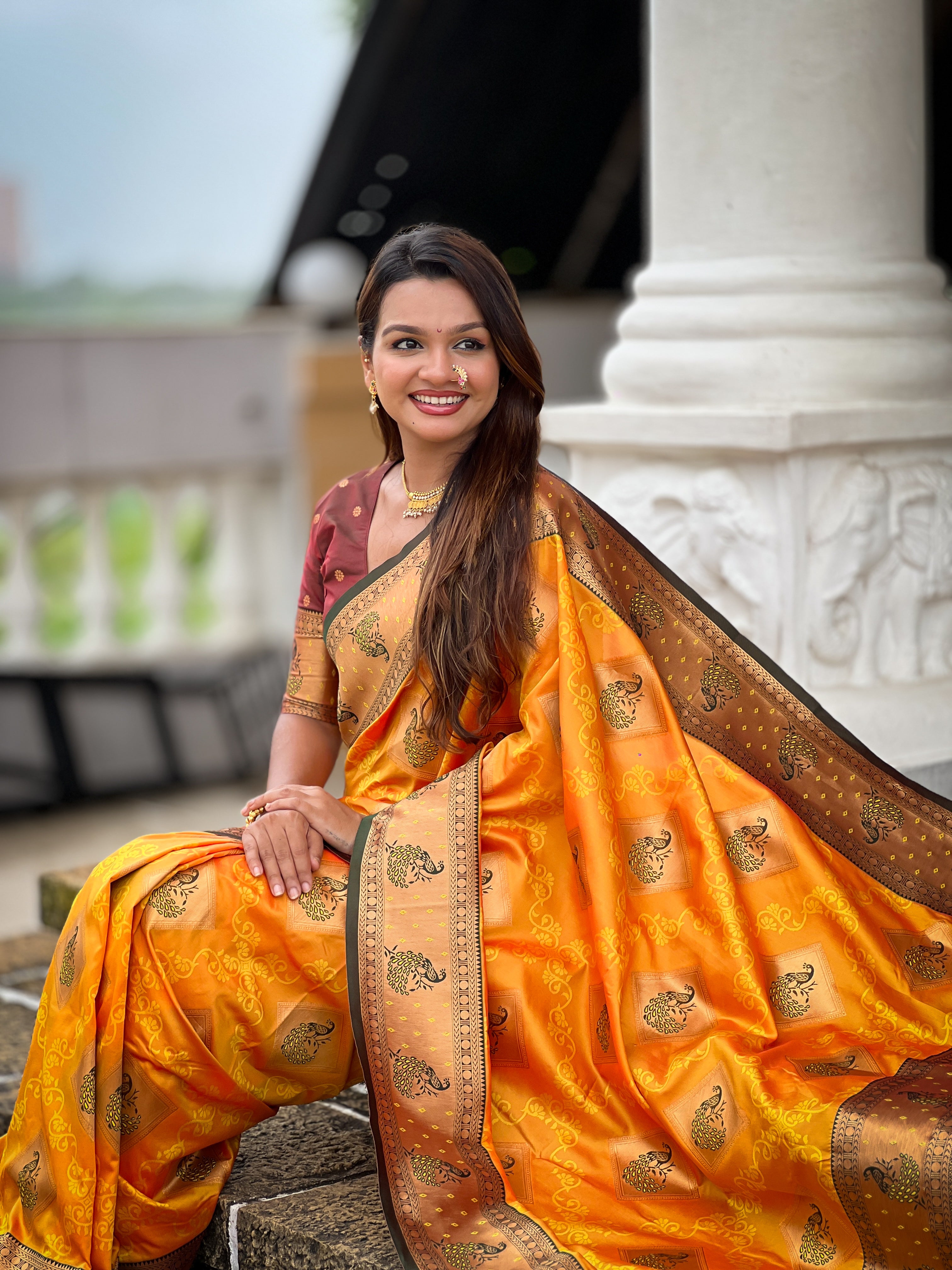Soft Banarasi silk saree with zari weaving and Meenakari design and contrast woven pallu by Weave