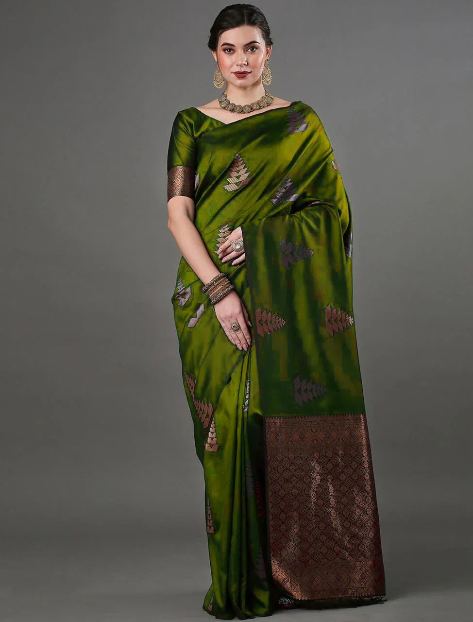 Banarasi Soft Silk Saree with Heavy Brocade & Copper-Silver Zari Weaving
