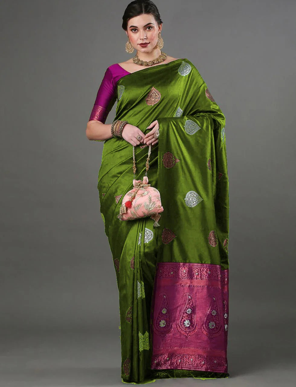 Banarasi Soft Silk Saree with Heavy Brocade & Copper-Silver Zari Weaving