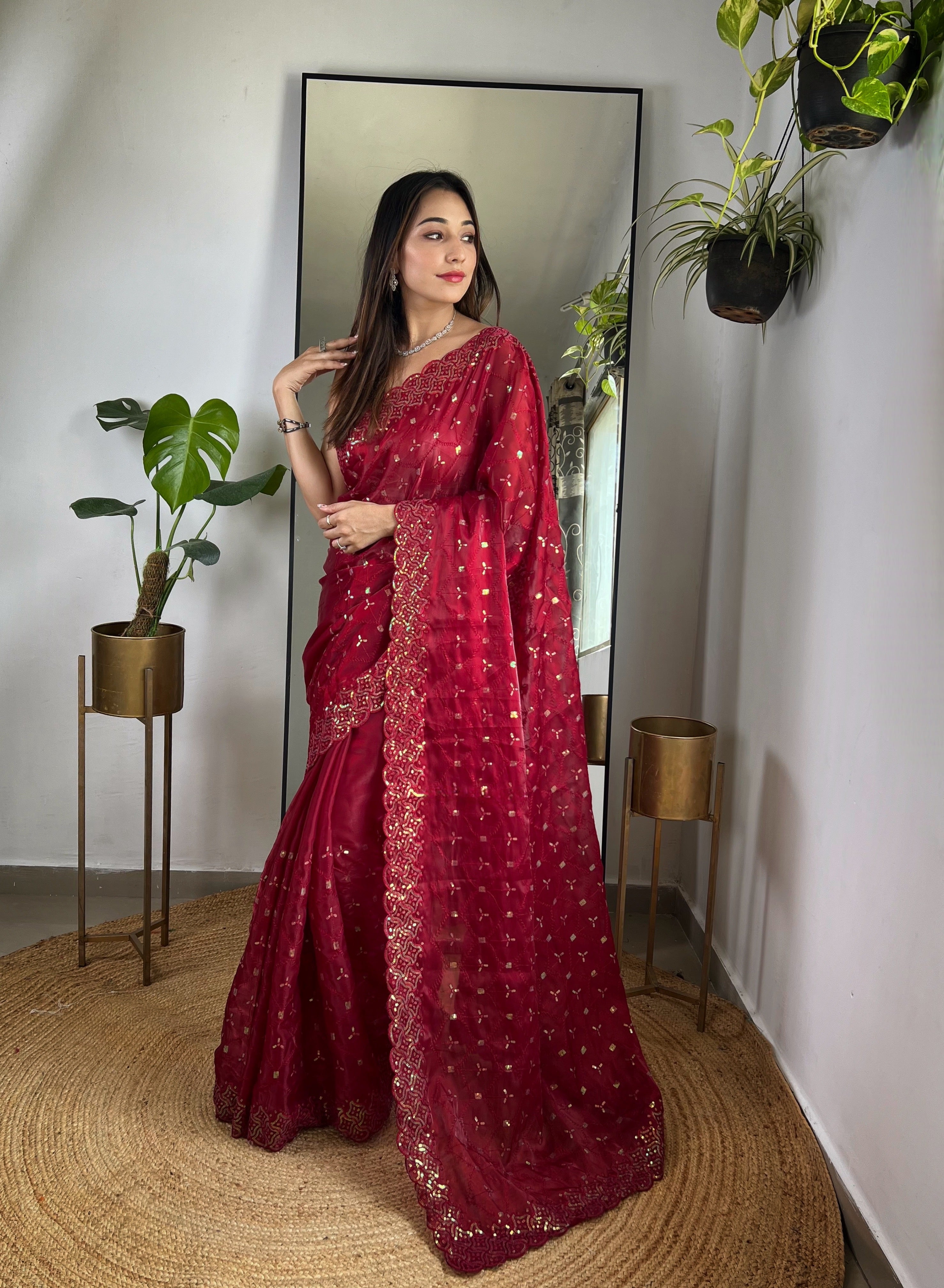 soft zimmy choo silk saree with designer sequin thread embroidery and cutwork