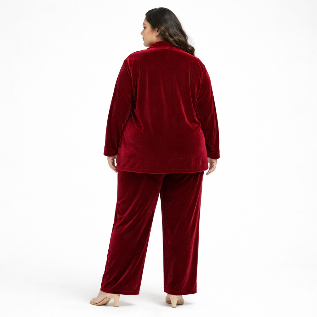 Maroon Solid Velvet Plus Size Pant Shirt Co-Ord Set for Women – 8XL