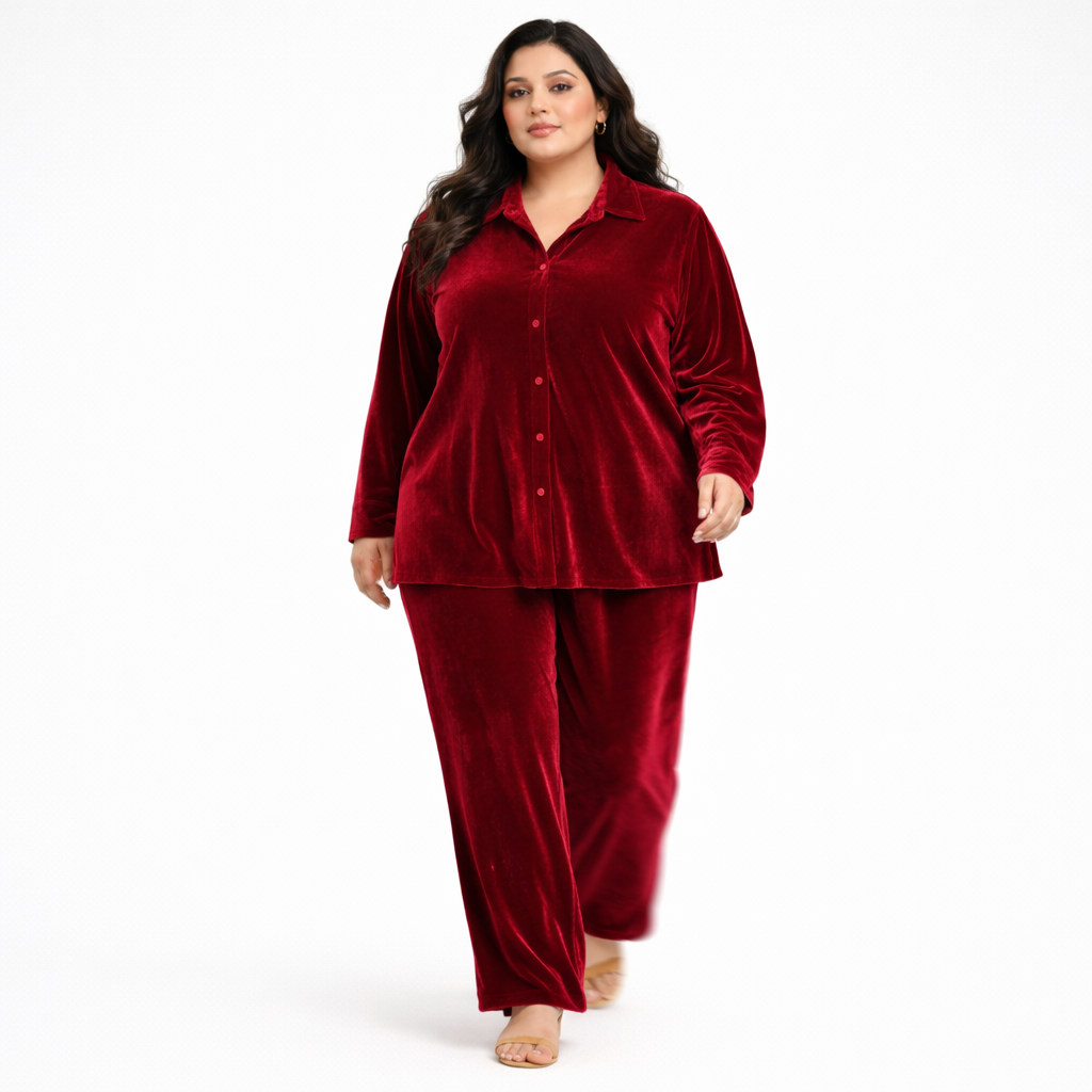 Maroon Solid Velvet Plus Size Pant Shirt Co-Ord Set for Women – 5XL