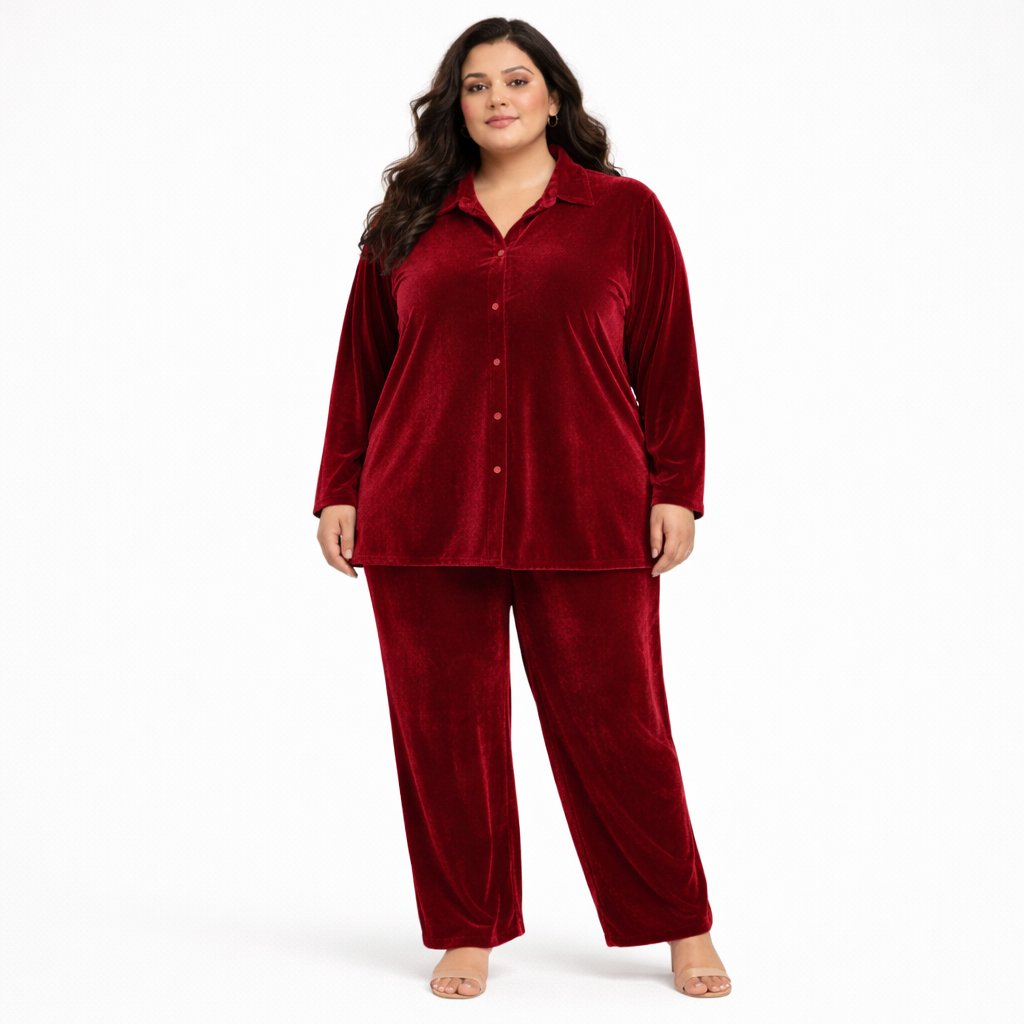 Plus Size Solid Velvet Pant Shirt Co-Ord Set for Women (5XL–10XL) | Premium Velvet Outfit